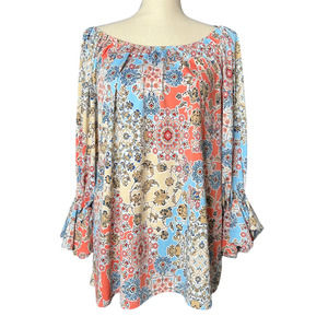 Carole Christian Tunic Size Small in Multicolored Floral Print w/Bell Sleeves